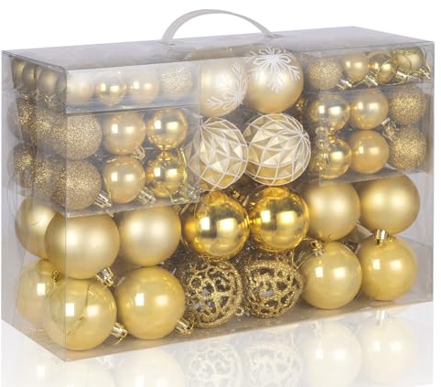 100 Weihnachtskugeln Set Gold Bruchsicher Ø3/4/6cm – Kunststoff Christbaumkugeln, Weihnachtsbaumdeko für Drinnen & Draußen mit 8 Designs, Wiederverwendbar