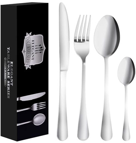 Plyhea Besteck Set Edelstahl Essbesteck Set 24 teilig Tafelbesteck mit Messer Gabel Löffel Teelöffel Besteckset für 6 Personen Haus Restaurant Outdoor, Silber
