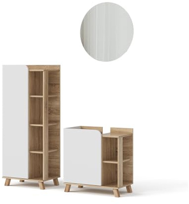 Vicco Set di mobili da bagno Karen, Sonoma/Bianco, 60 cm, composto da mobile sottolavabo, specchiera e colonna alta