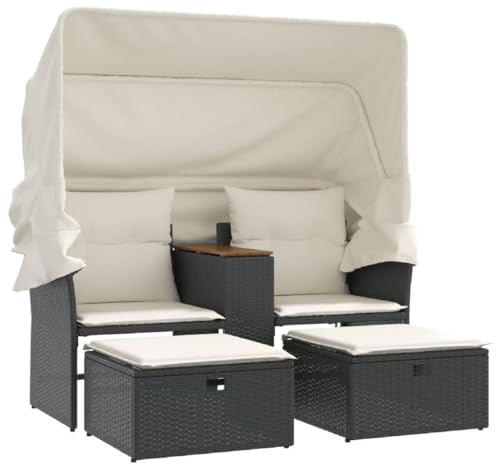 vidaXL Gartensofa 2-Sitzer, Outdoor Sofa mit Sonnendach, Terrassensofa mit Hockern, Gartenmöbel Sofagarnitur Gartengarnitur, Schwarz Poly Rattan