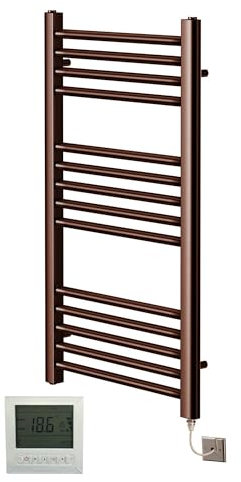 Greened House - Porte-serviettes électrique droit en bronze brossé avec radiateur plat (400 mm L x 800 mm H + Minuteur/Thermostat)