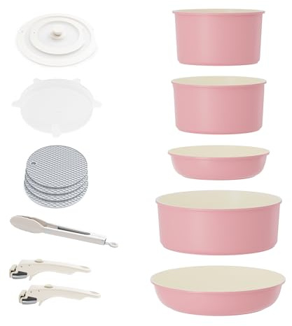 RIOVARM Induktion kastruller och stekpannor set med avtagbara handtag, non-stick granit, stapelbara köksredskap set med silikonlock, platsbesparande kastrull- och stekpannor utan PFOA, stekpanna,