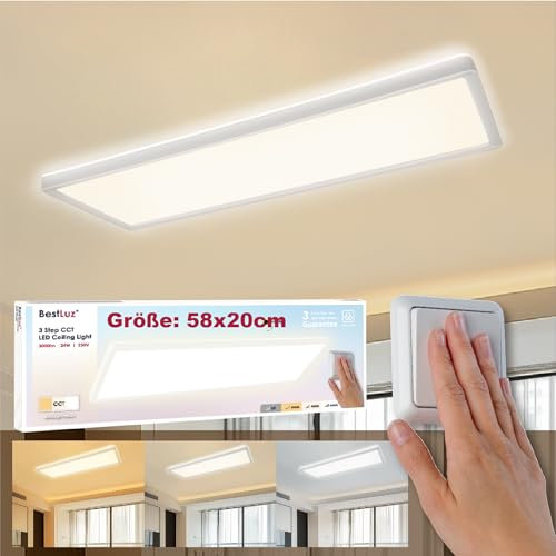 BestLuz Deckenlampe LED Deckenleuchte, Dreistufige CCT 3000K/4000K/6500K 58x20CM 24W 3000LM IP44 LED Deckenleuchte Flach mit Backlight-Effekt LED Panel für Wohnzimmer Küche Badezimmer, Ultra Dünn