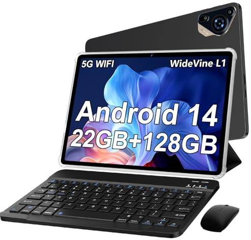 Tablet 10 Pulgadas Android 14 con 22 GB RAM + 128 GB ROM (Ampliable a 1TB), Widevine L1 Tablets, 5G Wi-Fi, GPS, 8000 mAh, 8 Cores 2.0 GHz, 5MP + 8MP, FHD Tablet con Teclado + Ratón + Funda, Cafe