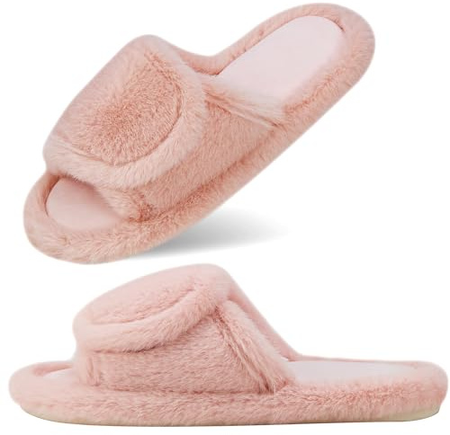 CCSOFTIME Women Fluffy Slippers,Pink Warm Fur Open Toe Slippers with Adjustable Strap,Diabetic Memory Foam Cozy Slipper Slip On House Shoes for Indoor Bedroom,Pink(UK5/6)