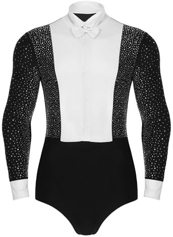 Agoky Herren Latein Hemd Body mit Strasssteine Langarm Blusen mit Kentkragen Knopfleiste Dance Slip Gentleman Anzug Sakko Standard Tanzbekleidung Schwarz XXL