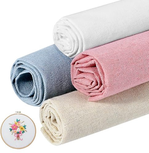 4 Stück Leinentuch Stoff zum Sticken 50cm Quadrat Baumwolle Embroidery Fabric Groß Leinenstoff Cross Stitch Stickstoff Vorgeschnitten Sticktuch zum Nähen Tägliche Stickereien DIY Dekoration