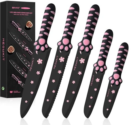 MEOWKIT Stylish & Cute 5 Pieces Kitchen Knife Set with Non-Stick Coated Cat Paw Handle for Modern Kitchens, Daily Use and Gift Giving (Black&Pink)