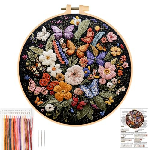 JSRQT Papillon Kit de Broderie pour Adultes Débutants,Fleur Kit de Démarrage de Broderie,Point de Croix Broderie Starter Kit