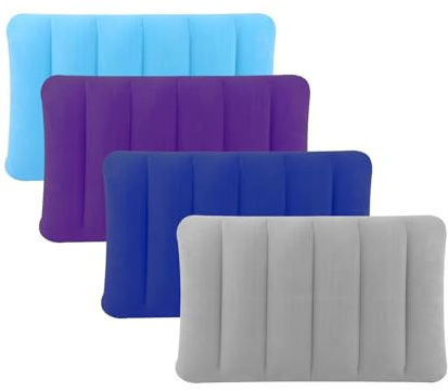 HUATEEN 4 Pack Inflatable Flocking Pillows for Adults, Soft Blow Up Camping Pillow, Compact Travel Pillow for Beach, Sunbed, Hiking & Outdoor Rest, 30x47cm PVC Air Cushion