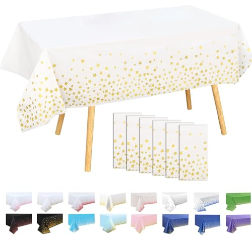 Lot de 6 Nappes Plastiques à Pois Fond Blanc avec étoiles Dorées 137x274 cm – Nappe Rectangulaire Réutilisable pour Fête Anniversaire, Décoration Table Événement Sportif, Imperméable Anti-taches