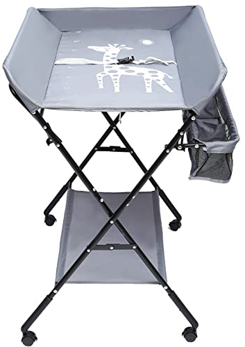 KLOOLIVE Cambiador plegable para bebé, cambiador portátil, con ruedas, hasta 25 kg, altura regulable, mesa cambiadora plegable con estantes y cinturón de seguridad, 80 x 63 x 96 cm