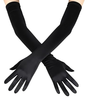Horktrust Gants Longs Femme Noir Satin 53 cm, Gants Élégants pour Mariage, Soirée, Bal, Opéra, Charleston, Années 20, Gatsby, Halloween, Gants Longs de Cérémonie Taille S