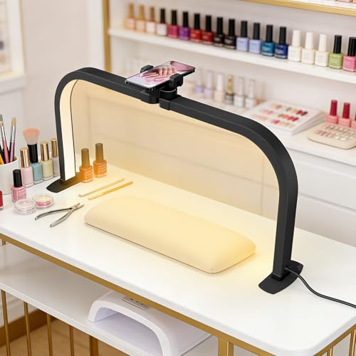 Lampada Mezza Luna Estetica, 72CM 40W Lampada Estetista da Tavolo per Unghie, Lampada Extension Ciglia con Porta Cellulare, Half Moon Light con 3 Modalità 10 Luminosità per Tatuaggi Manicure- Nero