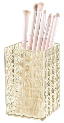 DASITON Makeup Brush Holder Organizer, Acrylic Makeup Brush Cup, Diamond Striped Make Up Brush Holder for Vanity, Bathroom Countertop, Toothbrush Holders, Pen Holder for Desk Storage (Yellow)