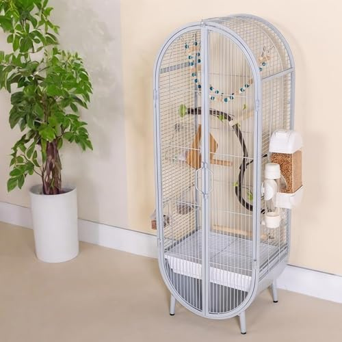 Elegante E Ampia Voliera Da Terra — Spaziosa Gabbia In Metallo Da 39,4 Pollici — Modello Deluxe A Doppia Porta (accessori Inclusi) — Ideale Per Calopsitte, Inseparabili E Pappagalli Ceneri Light gray
