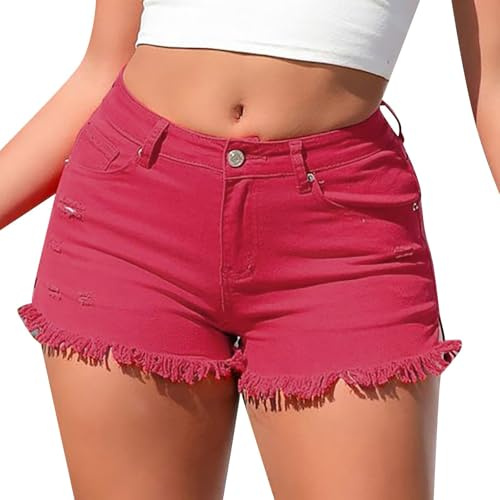 Generiska damer korta byxor sommar jeansshorts fritidsshorts stressed vintage slitna utseende denimbyxor hög midja höftjeans med fickor bootcut jeans elegant skinny denim, Rd2, S kort