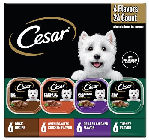 Cesar Classic Loaf in Sauce Adult Wet Dog Food with Duck, Oven Roasted Chicken, Grilled Chicken, and Turkey Recipes, 3.5 oz. Easy Peel Trays, Variety Pack (24 Count, Pack of 1)