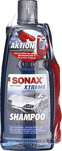 SONAX Xtreme Shampoo 2 in 1 (1 Liter) & WaschHandschuh (1 Stück) Autoshampoo Konzentrat ohne Abledern, Reinigung lackierter Oberflächen, Metall, Glas, Kunststoff & Gummi | Art-Nr. 02159410