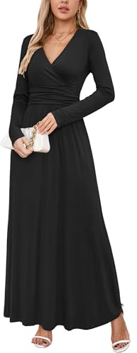 OUGES Women's Winter Spring Casual V Neck Long Sleeve Wrap Ladies Maxi Long Dress with Pockets(Black,XXL)