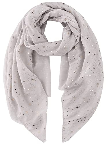 Tuopuda Femme Foulard Argent Étoile Feuille de Lune Paillette Imprimé Écharpe Foil Print Léger Doux Wraps Sparkly Châle Scintillante Scarf-180cm x 70cm-Gris clair (étoile dorée)