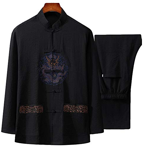 G-LIKE Herren Anzug Tangzhuang Uniform - Traditionelle Chinesische Gestickte Kleidung Kampfkunst Trainingsanzug Langärmelige Jacke elastisch Hosenbund Stehkragen – Baumwolle Leinen (Schwarz, XL)