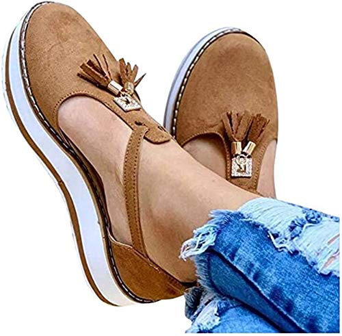 Riyueyi Sandalias de Cuña para Mujer Verano 2021 Sandalias Punta Cerrada Borla Plataforma Zapatos Plano Cómodos Zapatos Hook Loop Sandalias de Cuero,Marrón,36