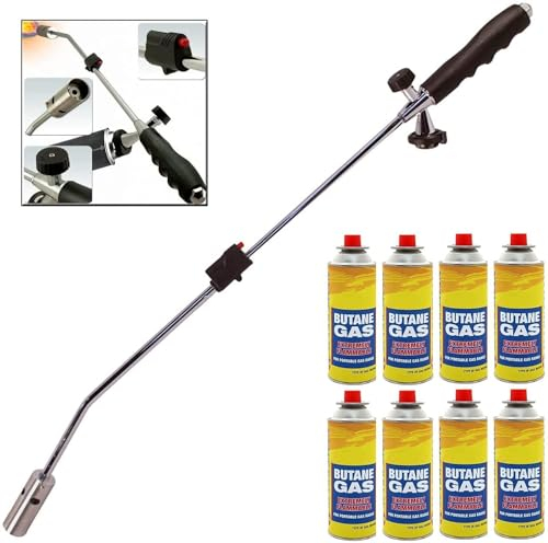 GREEN HAVEN Weed Burner with 8 Butane Gas Canister - Auto Ignition, Adjustable Flame Butane Weed Burner, Flame Thrower for Weeds Wand Burner for Driveways & Patios