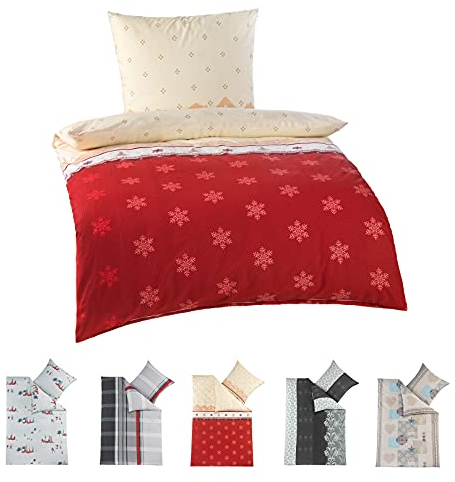 BaSaTex Feinbiber Winter Bettwäsche warme und kuschelige Bettgarnitur und Kissenbezug 135x200 + 80x80 cm | 100% Baumwolle | Scarlett - Schneeflocken - Rot Beige