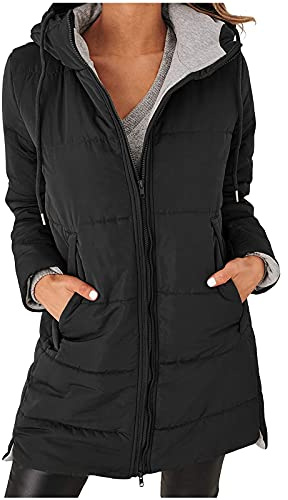 Abrigo acolchado largo con capucha para mujer, abrigo de invierno cálido con capucha, con cremallera, bolsillos, chaqueta de invierno para mujer, chaqueta acolchada con capucha, tallas S XXL, Negro