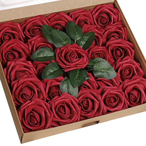 Anaoo Künstliche Rosen Blumen 25 Stück Kunstblumen Deko Schaumrosen Foamrosen Rosenköpfe Gefälschte Kunstrose Rose für DIY Geburtstagsdeko Hochzeitsdeko Blumensträuße Braut Dekoration, Weinrot