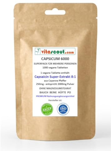 CAPSICUM 6000 Extrakt 1000 Tabletten - Capsaicin aus Cayenne-Pfeffer - Extrakt 8:1 - Chili POWER - F-BURNER - Diät Unterstützung & (Fett) Stoffwechsel