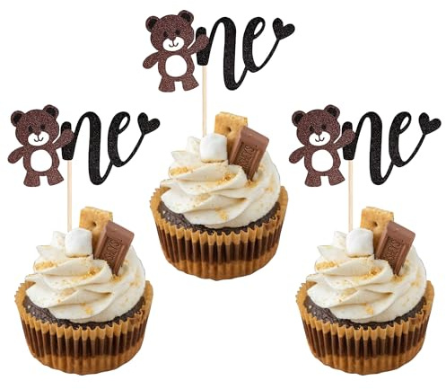 SYKYCTCY 24 Pack Bear One Cupcake Toppers Glitter Teddy Bear Baby Cupcake Picks Baby Shower Cupcake Decorations Kids One Birthday for Baby Shower Gender Reveal Birthday Party Decorations Supplies