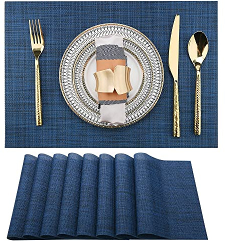 SLKQG Navy Blue Placemats Set of 8 - Easy Clean Washable Vinyl Placemats - Wipeable Heat Resistant Table Mats for Dining Table - 17x12 Inch (Navy Blue, 8)