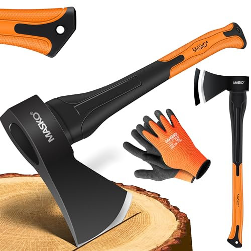 MASKO® Spaltaxt Spaltbeil Axt Beil Spalthammer Spaltkeil FIBERGLAS-Stiel + Handschuhe Die Perfekten Werkzeuge für Garten und Wald Universal | Robust | Langlebig | Rostfrei | Holzbeil 1250g