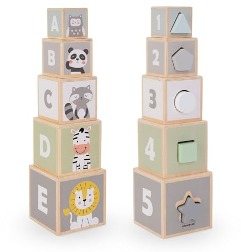 mamabrum Torre de Madera Educativa - Juguetes para Niños 1-2 Años - Cubos Apilables con Formas, NúMeros y Animales - Clasificador Geométrico con 5 Bloques para Desarrollo Infantil