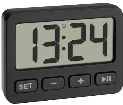 TFA Dostmann Digitale Miniuhr, 60.2036.01, mit Weckfunktion, Stoppuhr, Timer, ideal für unterwegs Dank Tastensperre, Tischuhr, Autouhr, für Examen geeignet, Quarzuhr, klein und kompakt, schwarz
