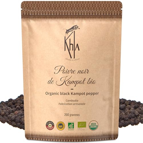 Khla - Poivre Noir de Kampot Certifié Bio 200 g - Sachet Poivre en Grains Biologique - Grand Cru, Rare & Délicat - Ingrédient Cuisine Épice - Production Limitée - Direct Producteur - Origine Cambodge