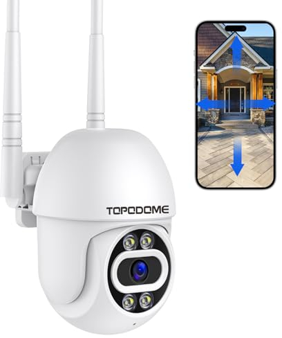 Topodome Caméra Wi-Fi extérieure avec alarme humanoïde, 1080P Caméra de surveillance interne WiFi, PTZ 360 degrés Auto Tacking, vision nocturne infrarouge et couleur 20 m, audio bidirectionnel IP66