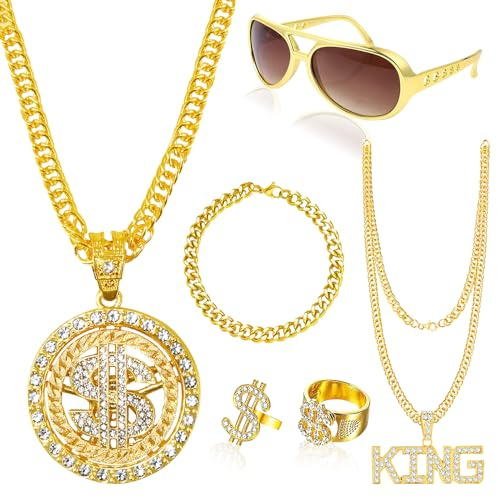 6Pcs Hip Hop Costume Set, Rapper Hippie Accessories with Golden Dollar Sign Necklace and Rings King Sign Chain Sunglasses Bracelet Fancy Dress for Women Men 80s 90s Disco Carnival Party Supplies