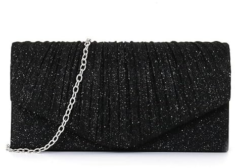 Kiss me Women Clutch Purse Glitter Pleated Envelope Evening Bag Elegant Ladies Shoulder Bag for Wedding Bridal Prom Cocktail Party (Black)