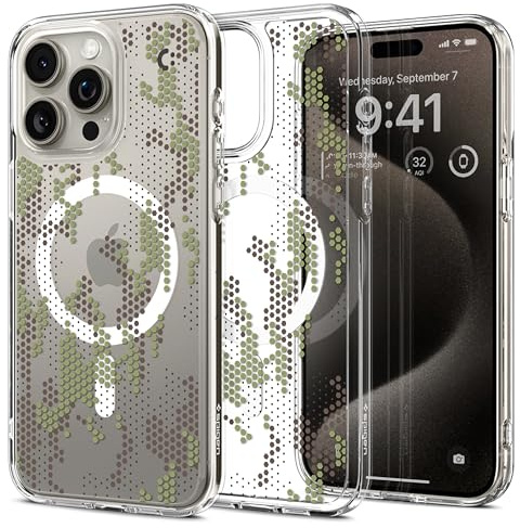 Spigen für iPhone 15 Pro Ultra Hybrid Hülle [Anti-Yellowing] Case Handyhülle Schutzhülle Cover Transparent Durchsichtig Dünn Slim -Digital Camo