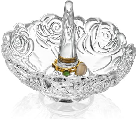 H&D HYALINE & DORA 4”Clear Crystal Ring Holder,Round Glass Ring Dish,Jewelry Rack Ring Holder for Wedding,Jewelry Display Gifts for Mom Wife Girlfriend