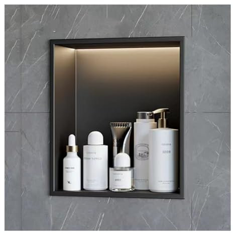GLFNB Nicchia da Parete per Doccia in Acciaio Inox con Luce LED, nicchia da Doccia incorporata, nicchia da Parete per Doccia, Nessuna piastrella necessaria per Bagno e Cucina (Nero, 32x32x12,5 cm)