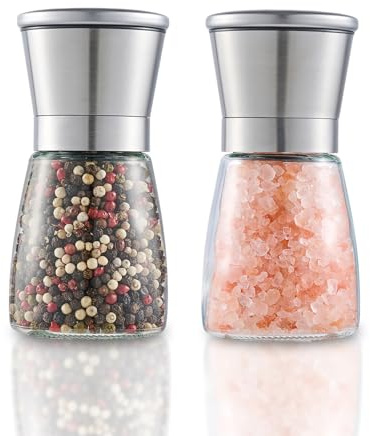 Salt and Pepper Grinder 2pcs Black Pepper Mill Refillable Manual Stainless Steel Lid Adjustable Coarseness Glass Material Fits in Home Kitchen Barbecue