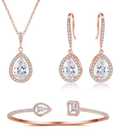 Glintara Bröllopssmycken för kvinnor, 3 stycken brudsmycken set med vita droppar zirkon, halsband med vattendroppar hänge & krokar örhängen & armband, diamant brudsmycken set för bröllop, Sten, Kubisk