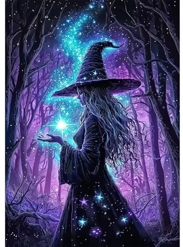 SENQAO Witch Diamond Painting Kits for Adults, Retro Witch Diamond Art Kit Beginners DIY 5D Full Drill Round Halloween Diamond Painting Gem Art for Home Wall Decor Gift 12x16inch