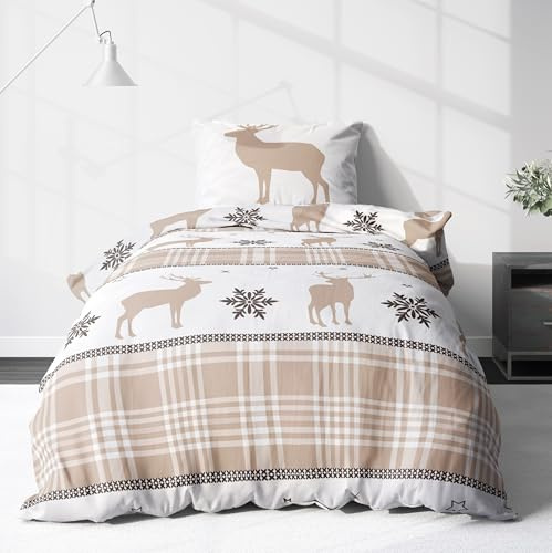 Set di biancheria da letto in flanella, 155 x 220 cm, colore beige, bianco – soffice biancheria da letto invernale in stile rustico con cervi e alci, motivo a quadri, motivo a stelle e corna