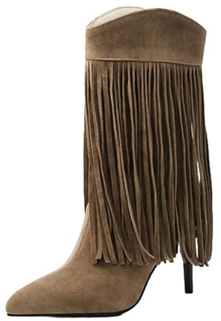 Cocey Botines para mujer de ante | tacón de aguja de 7,5 cm con flecos para eventos de otoño y uso diario en caqui y negro, caqui, 45 EU
