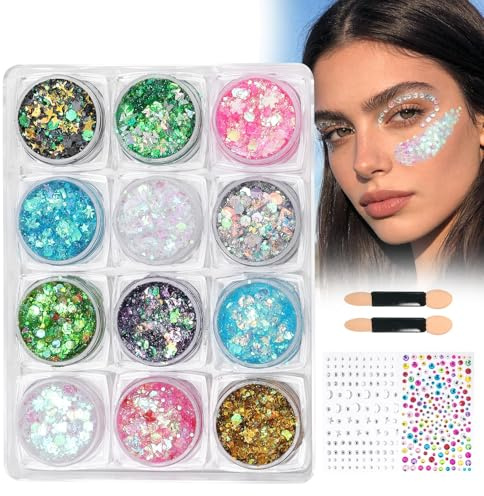 Prreal Lot de 12 paillettes pour le visage, le corps et les ongles - Avec pinceau - Paillettes auto-adhésives - Pour le maquillage des yeux - Pour le carnaval et les festivals